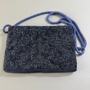 Vintage Iridescent Navy Beaded Swirl Evening Bag Made in Hong Kong Crossbody